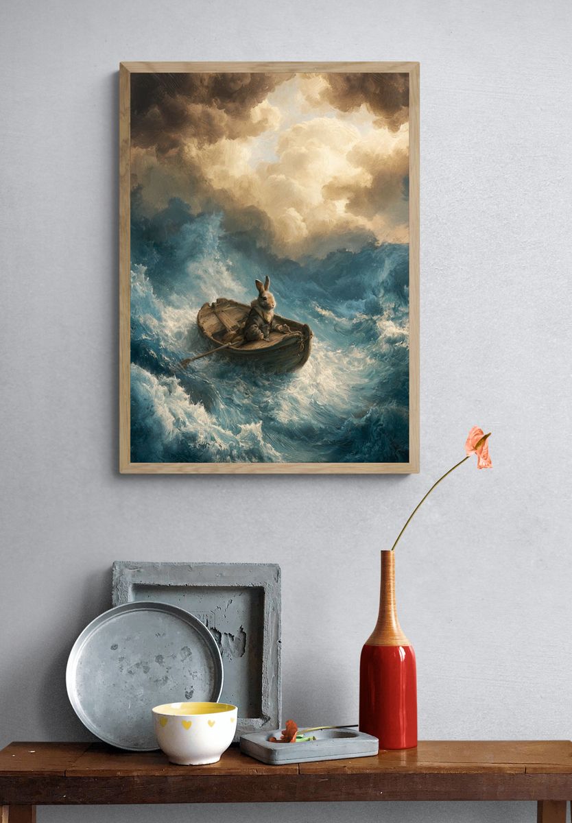 Rabbit in Stormy Sea Illustration Poster. — room view 3