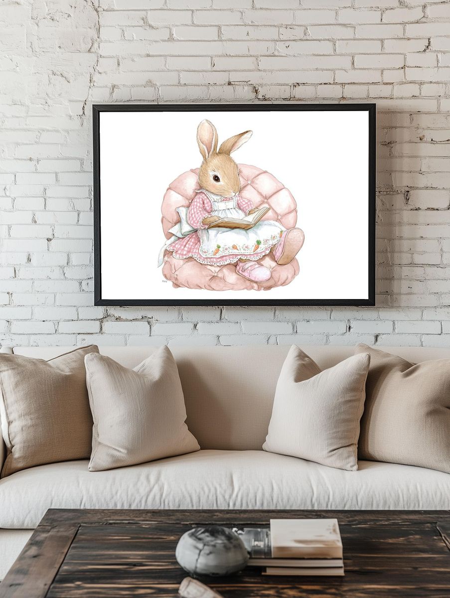 Reading Rabbit — Cute Illustration Print. — room view 1