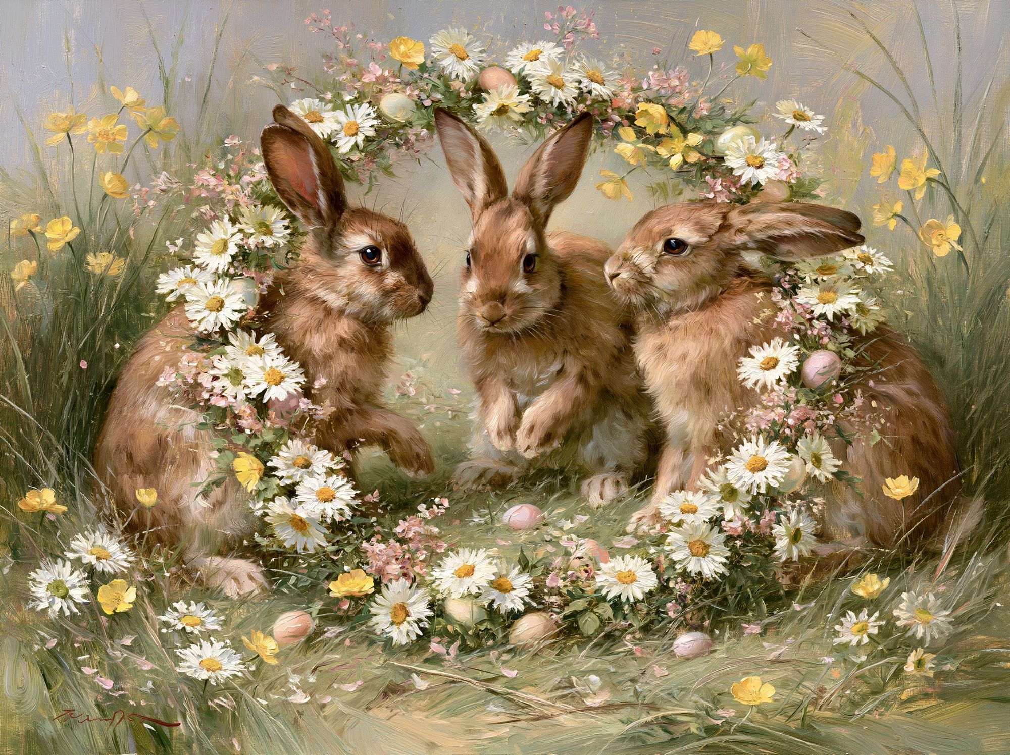 Spring Rabbits Floral Illustration Poster. poster — illustration art