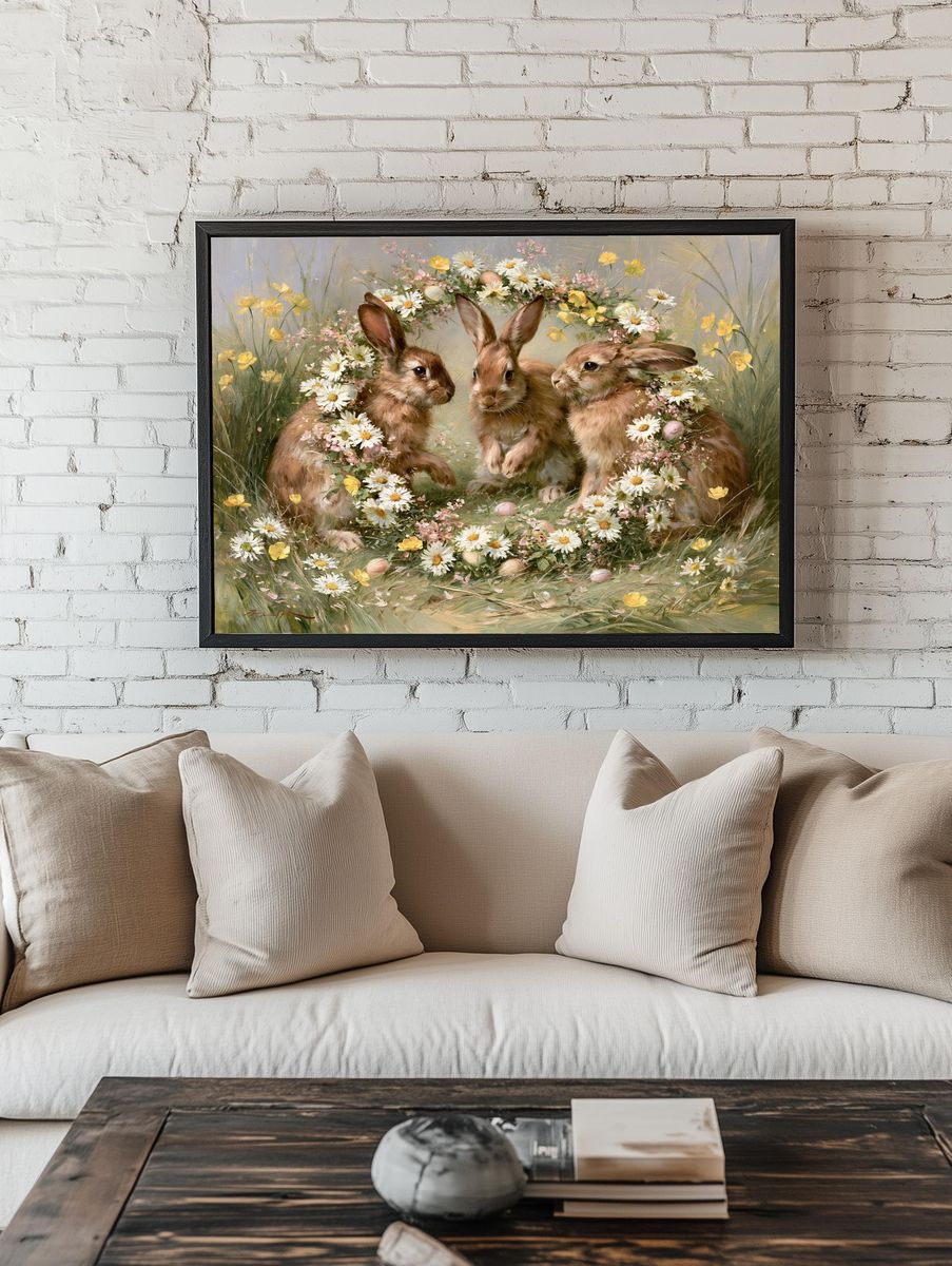 Spring Rabbits Floral Illustration Poster. — room view 1