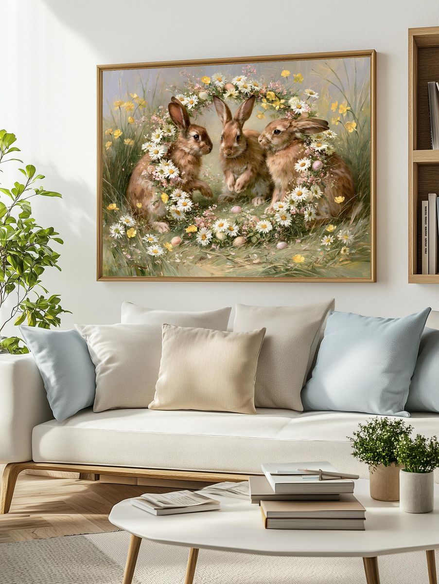 Spring Rabbits Floral Illustration Poster. — room view 2