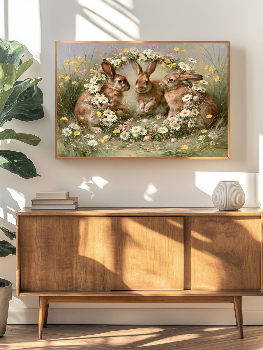 Spring Rabbits Floral Illustration Poster. — room view 3