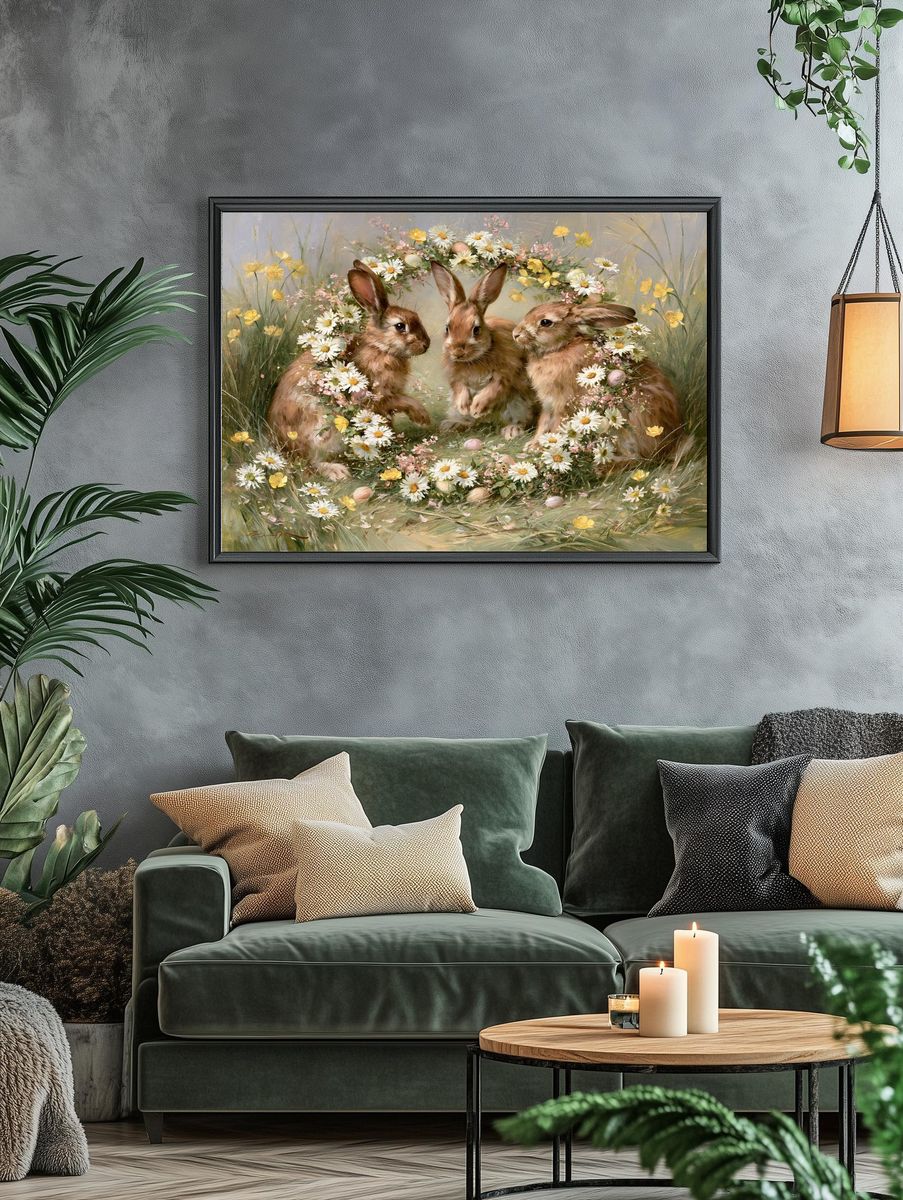 Spring Rabbits Floral Illustration Poster. — room view 4