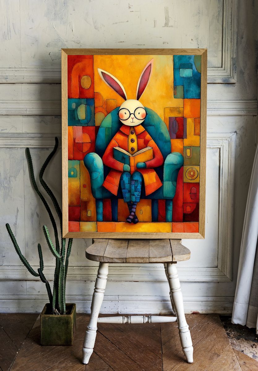 Rabbit Reading Illustration Poster. — room view 1