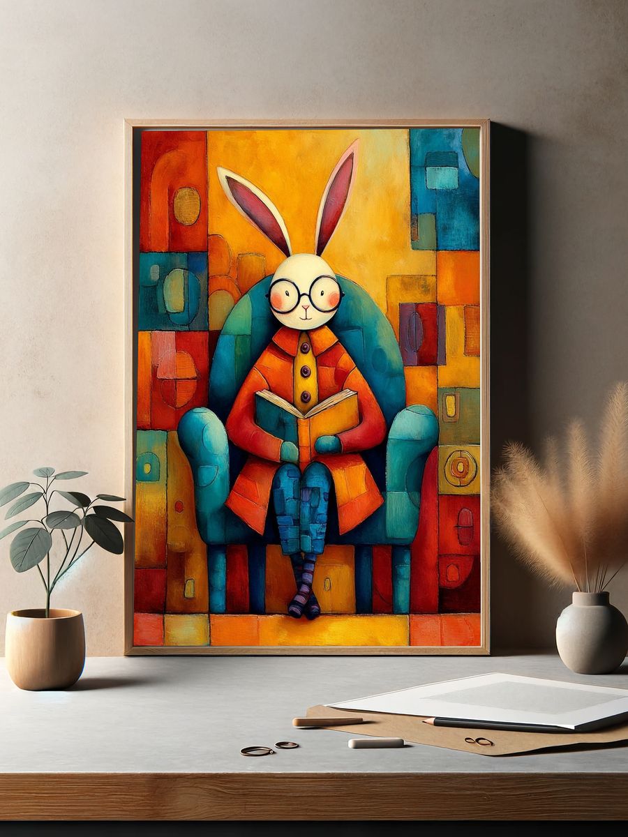 Rabbit Reading Illustration Poster. — room view 2