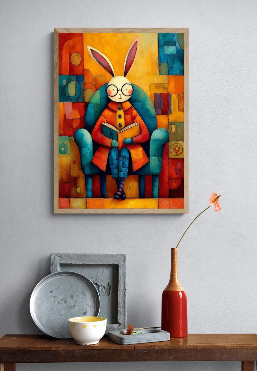 Rabbit Reading Illustration Poster. — room view 3