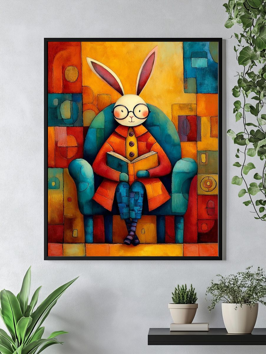 Rabbit Reading Illustration Poster. — room view 4