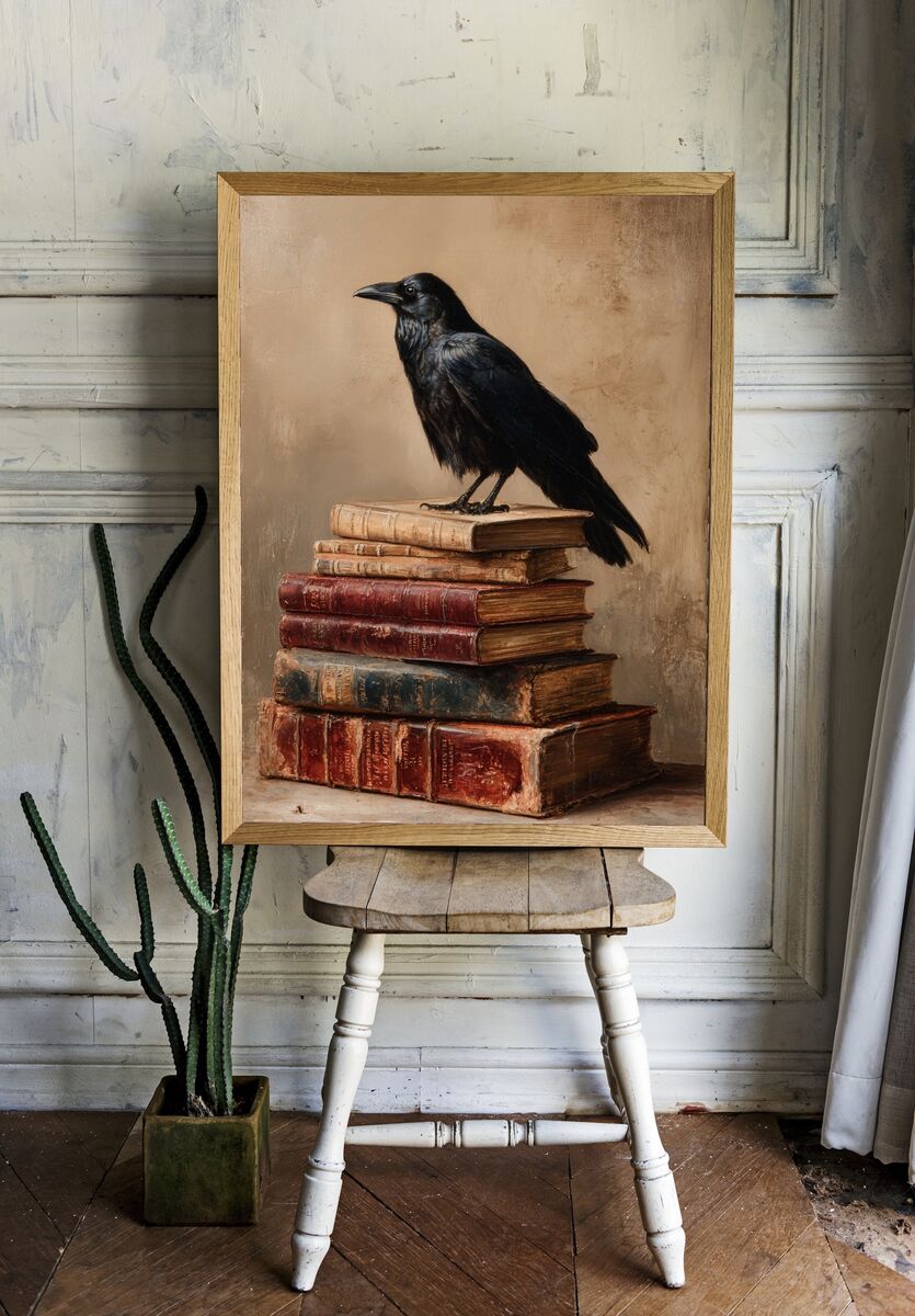 Raven on Antique Books — Fine Art Print. — room view 1
