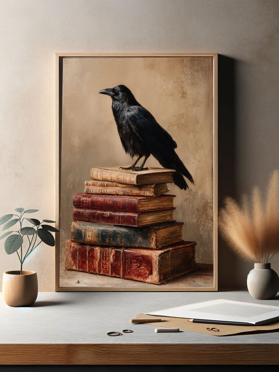 Raven on Antique Books — Fine Art Print. — room view 2