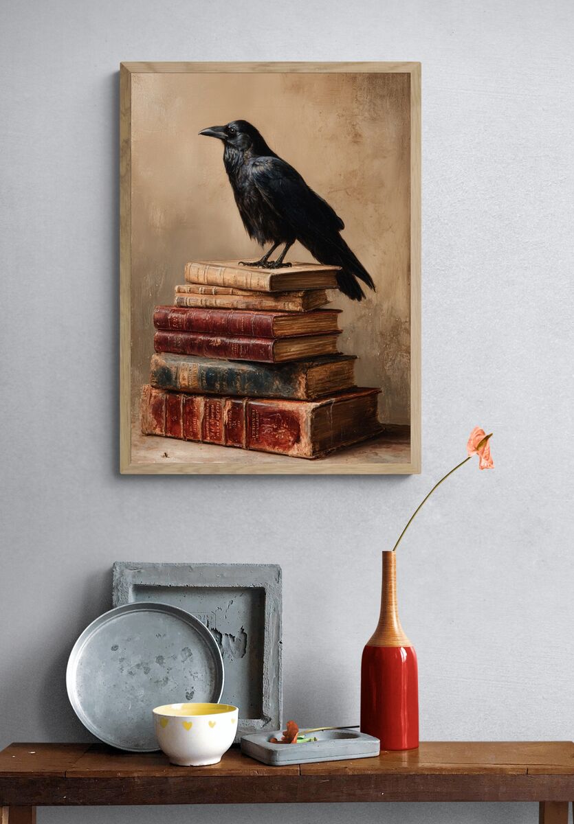 Raven on Antique Books — Fine Art Print. — room view 3