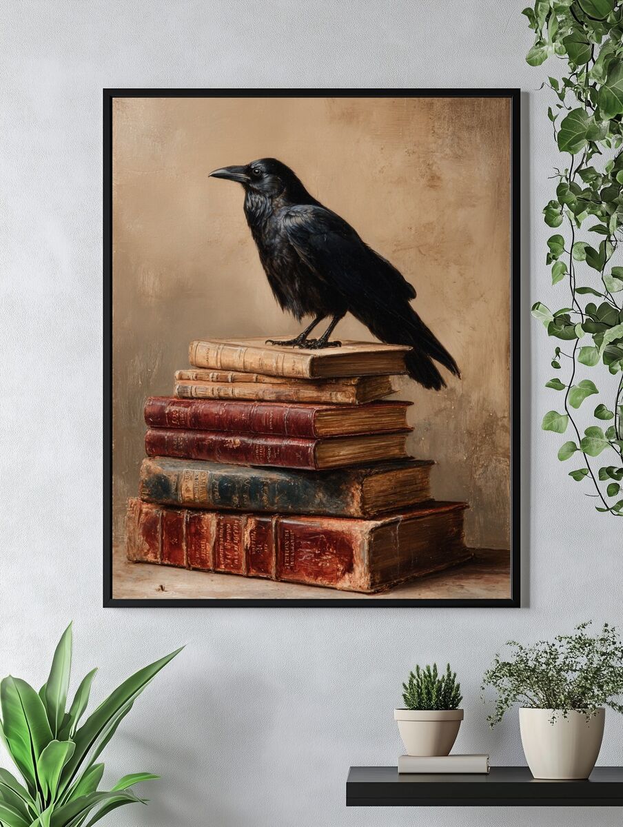 Raven on Antique Books — Fine Art Print. — room view 4