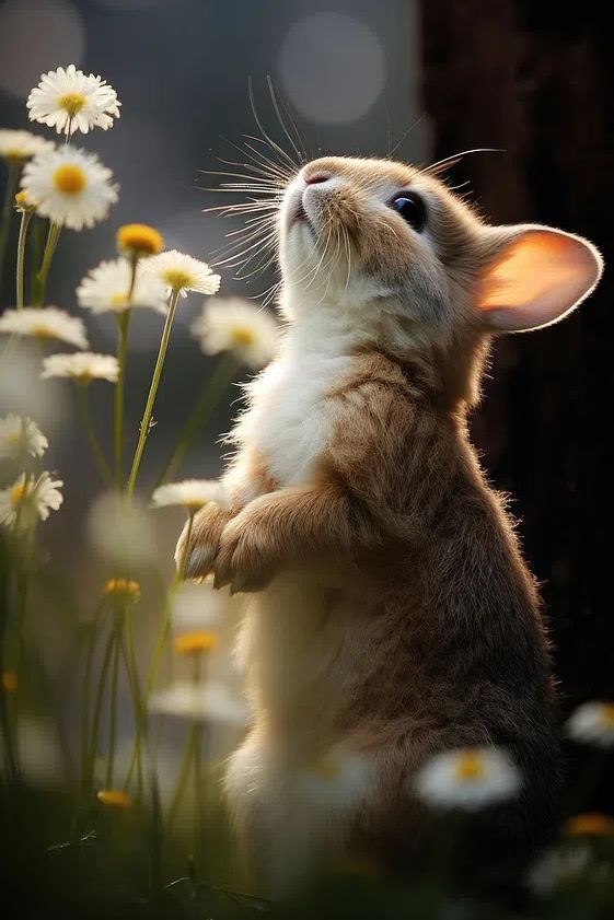 Curious Rabbit in Flowers Poster. poster detail