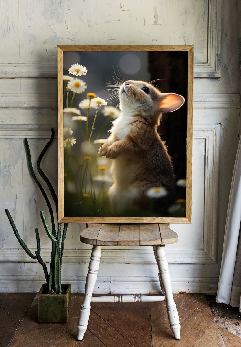 Curious Rabbit in Flowers Poster. — room view 1
