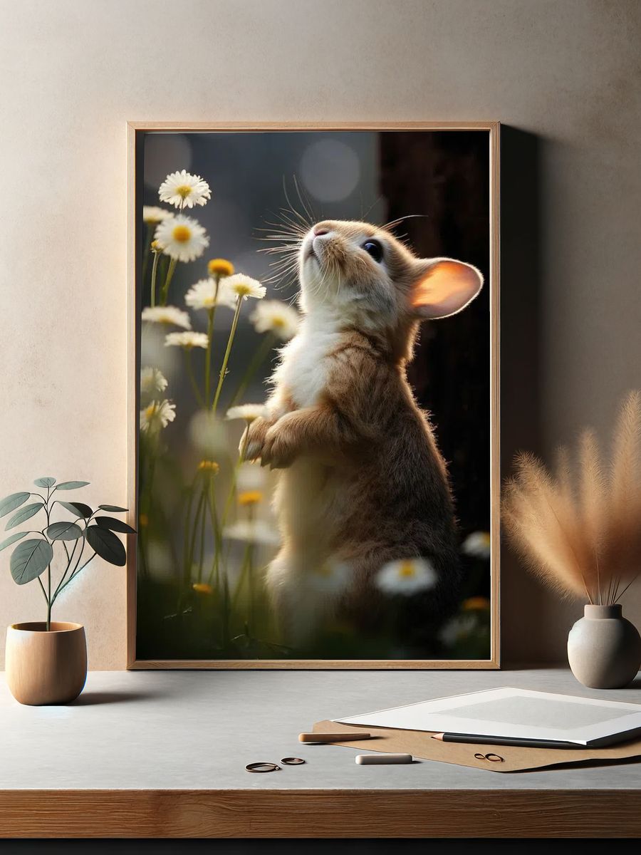 Curious Rabbit in Flowers Poster. — room view 2