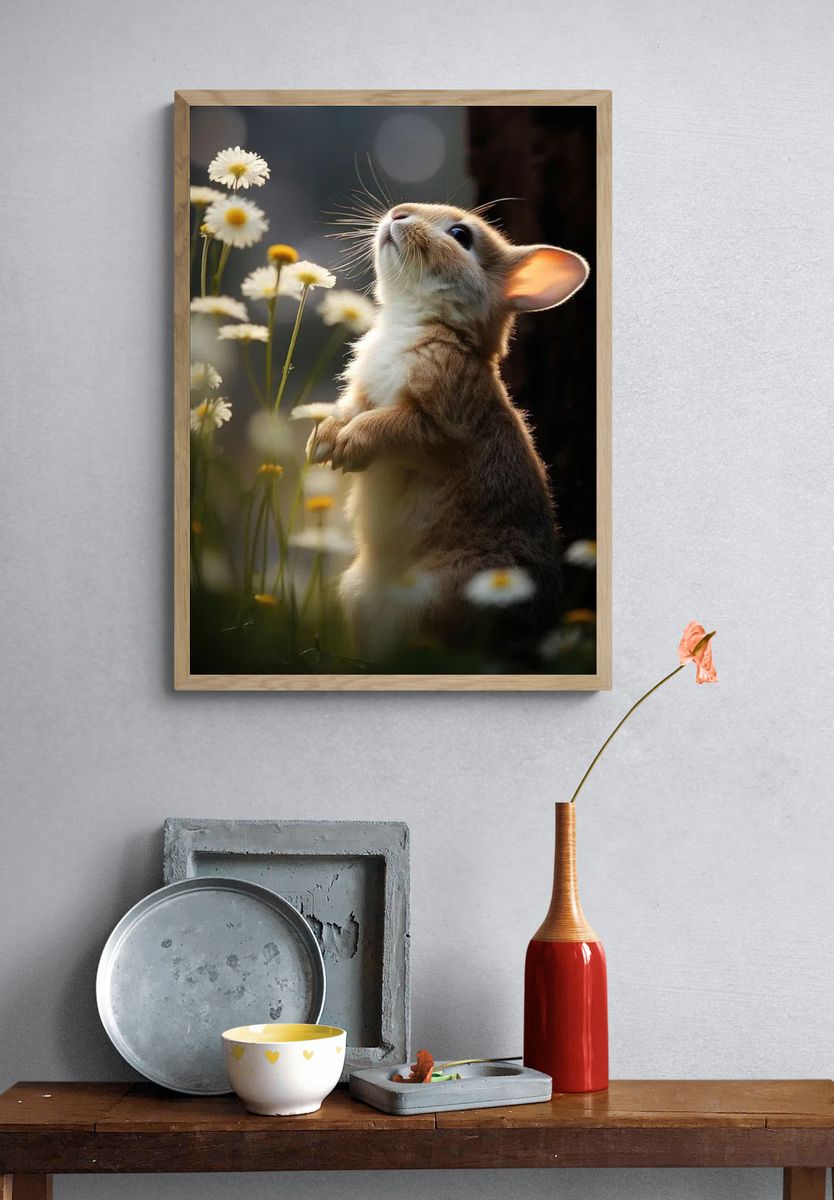 Curious Rabbit in Flowers Poster. — room view 3