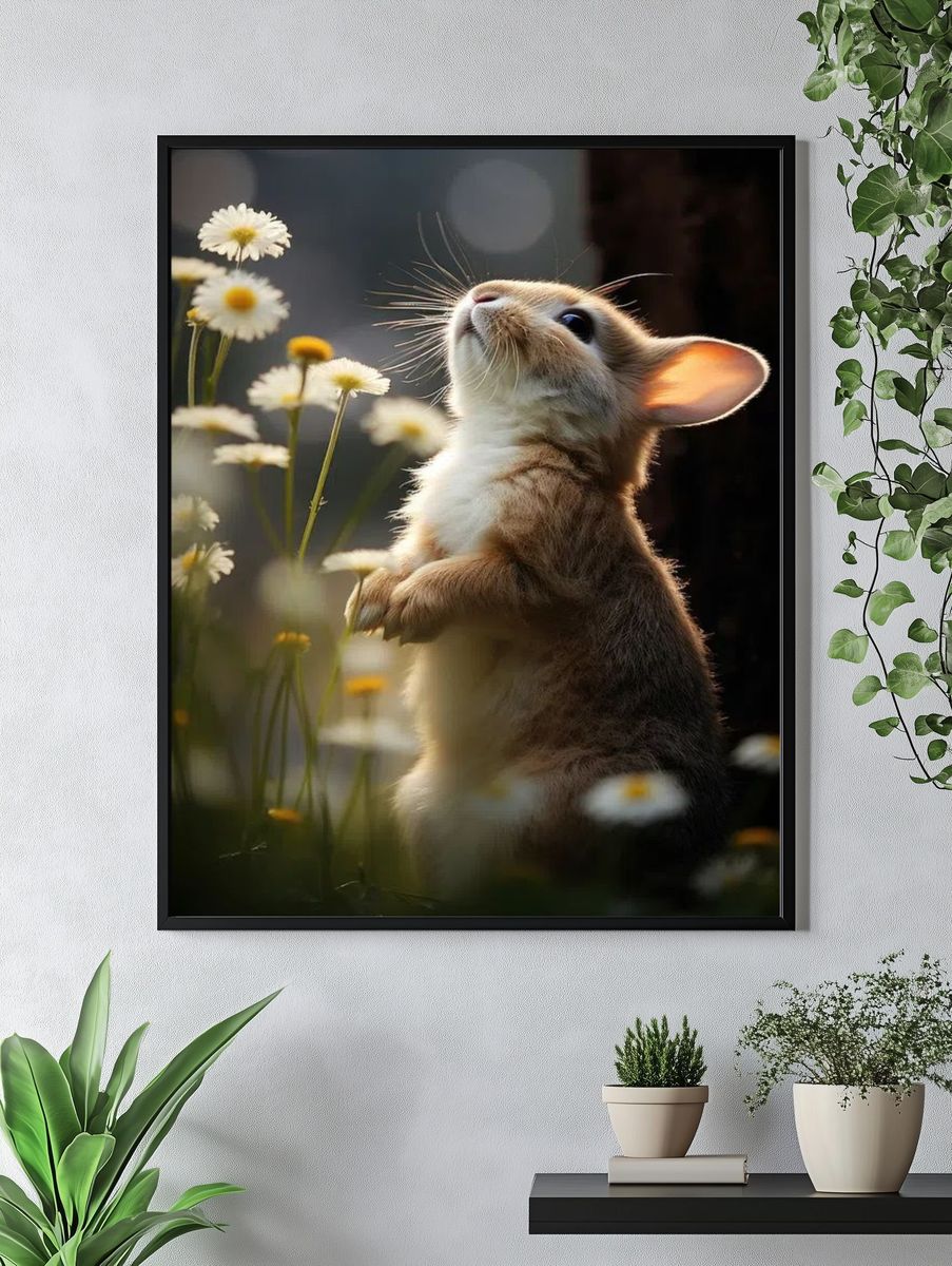 Curious Rabbit in Flowers Poster. — room view 4