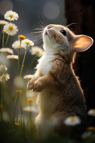 Curious Rabbit in Flowers Poster. poster