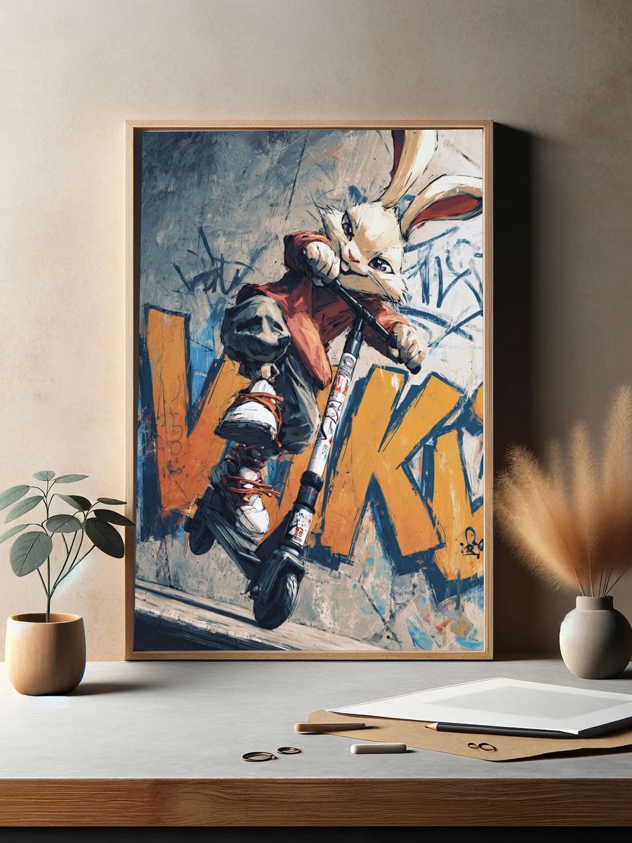 Cool Rabbit on Scooter — Illustration Print. — room view 2