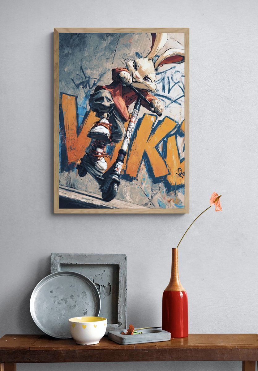 Cool Rabbit on Scooter — Illustration Print. — room view 3