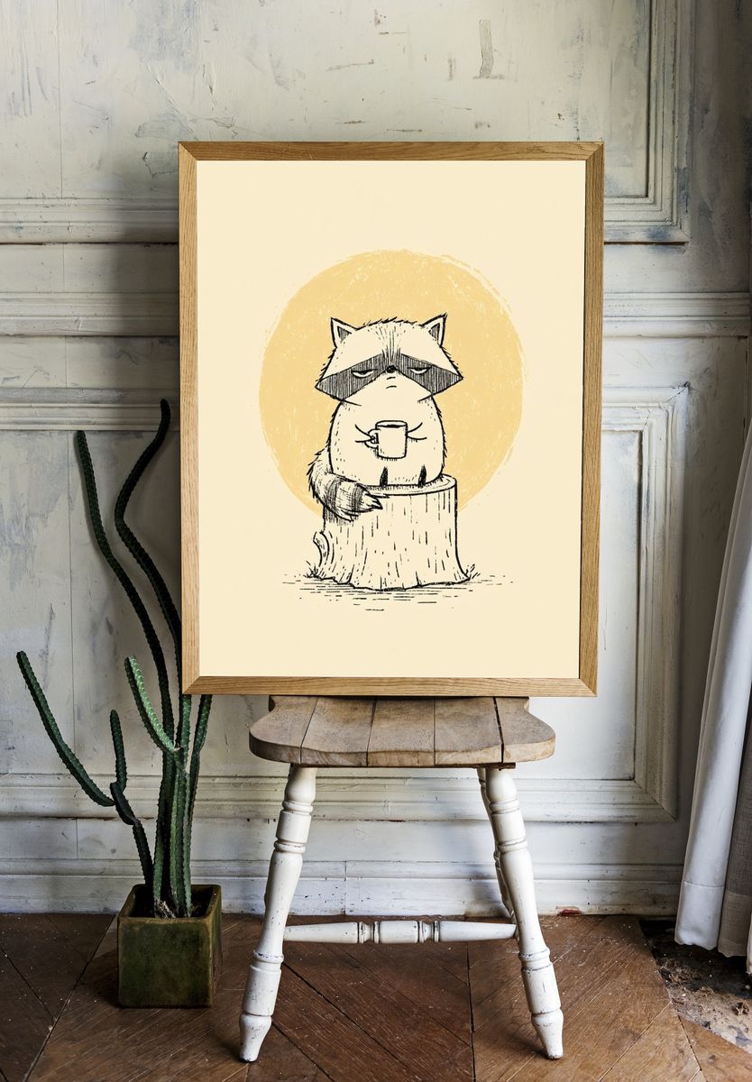 Raccoon on Stump Illustration Poster. room preview
