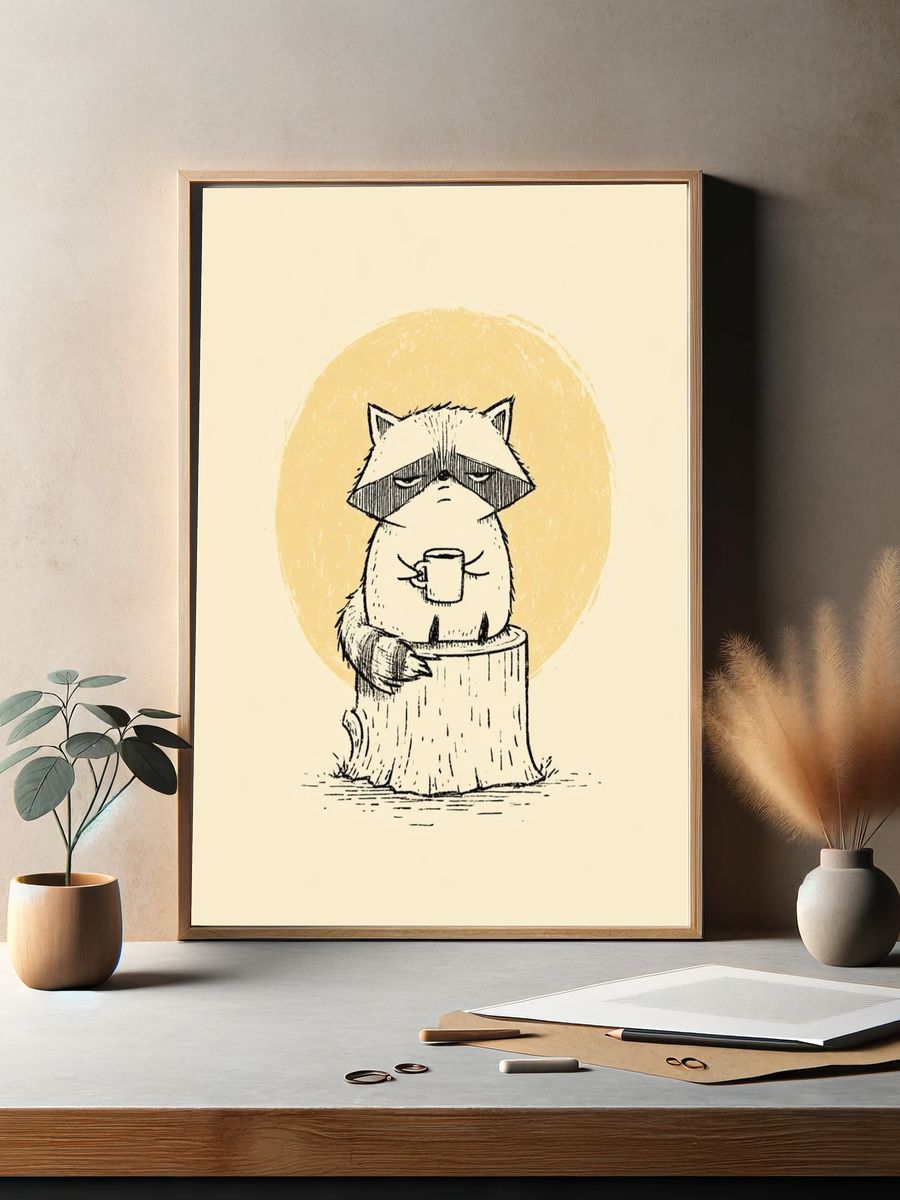 Raccoon on Stump Illustration Poster. — room view 2