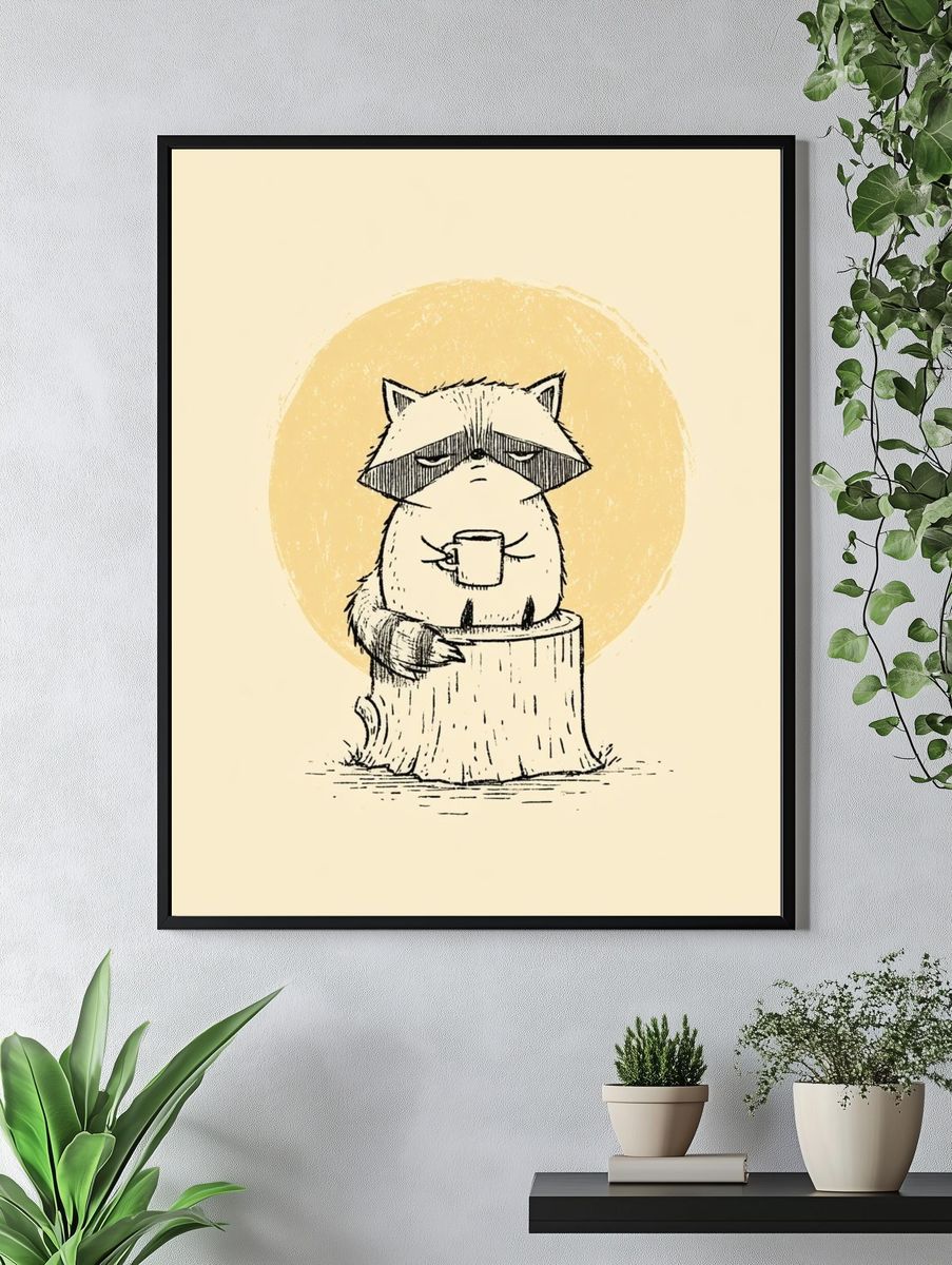 Raccoon on Stump Illustration Poster. — room view 4