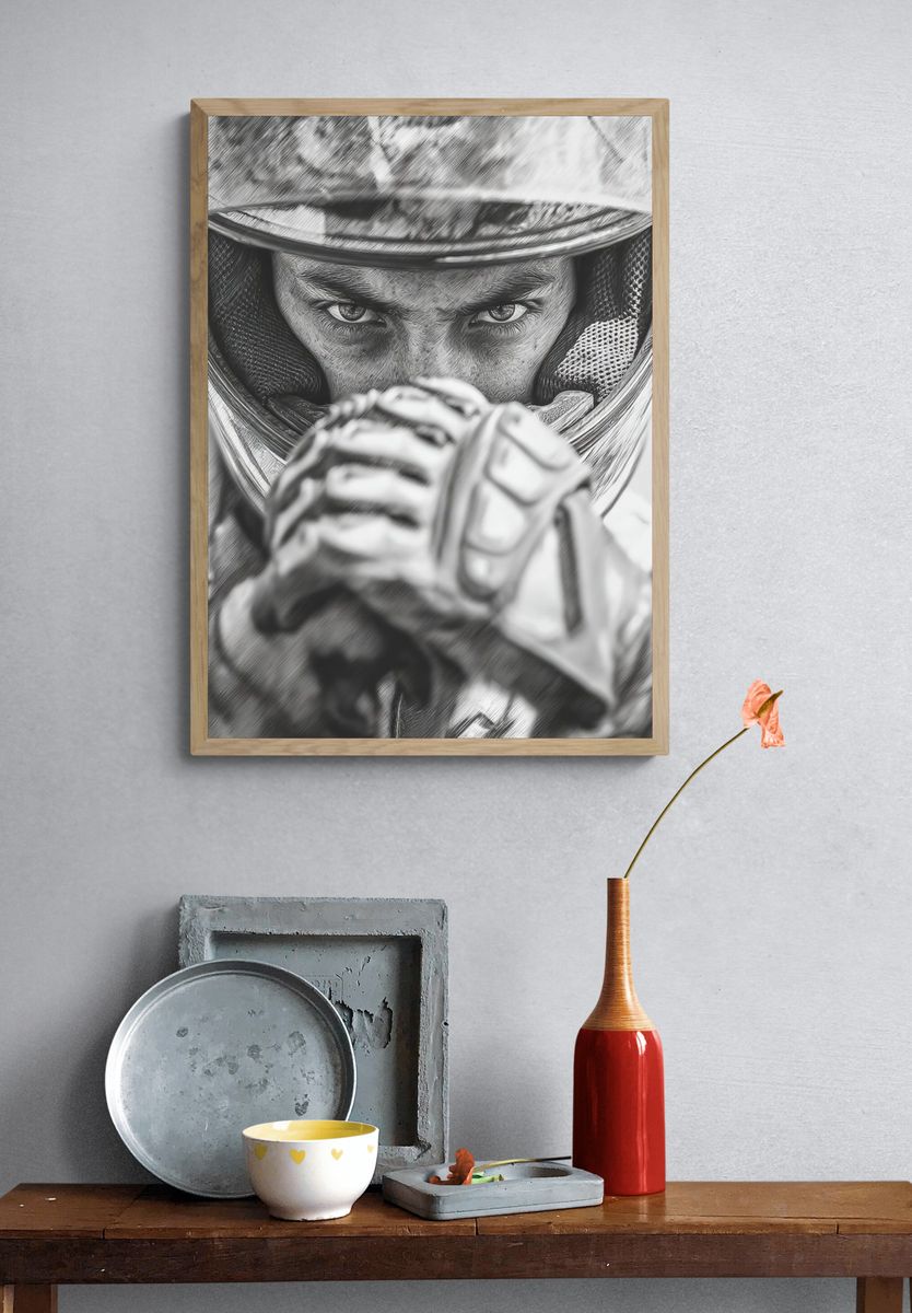 Racing Driver Portrait Print. — room view 3