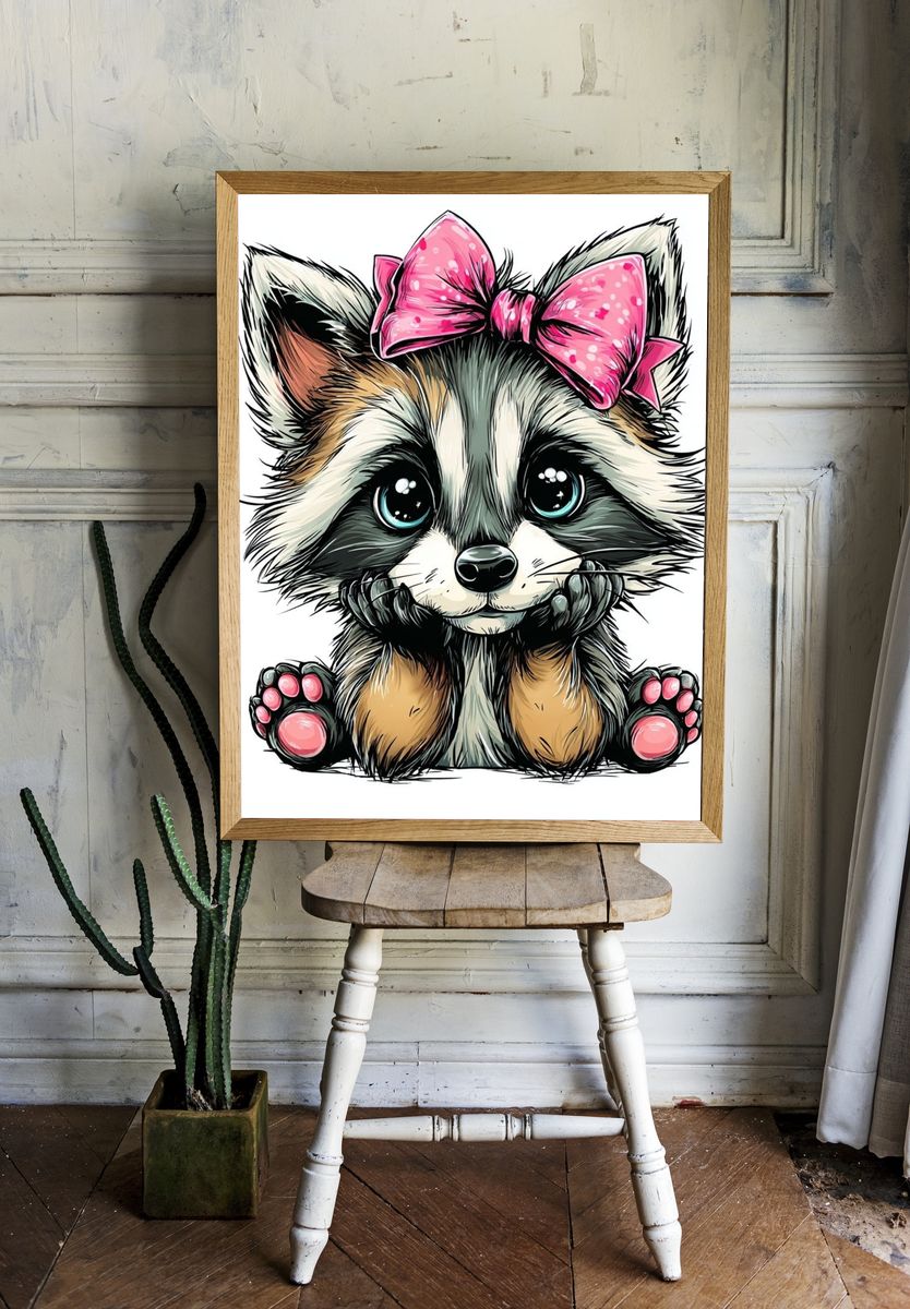 Cute Raccoon Bow Illustration Poster. room preview