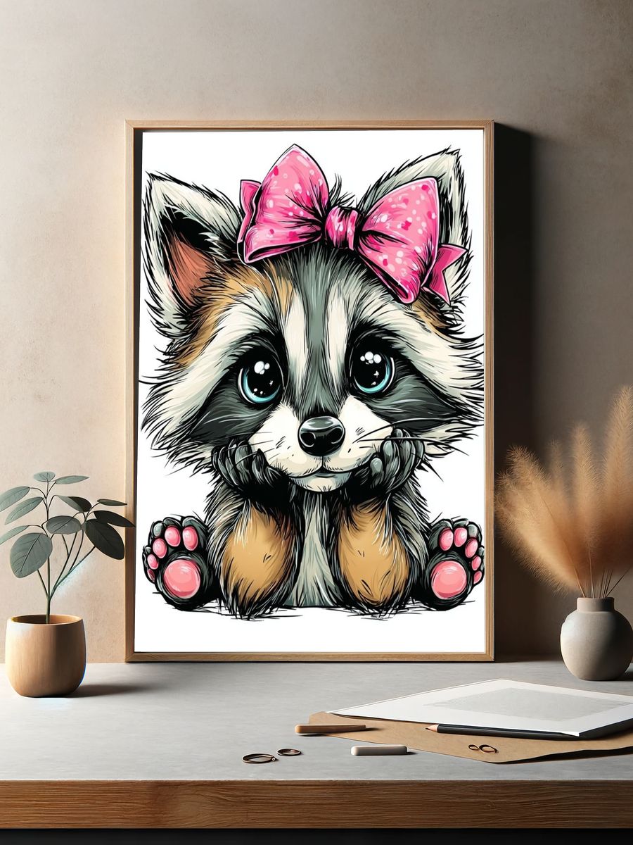 Cute Raccoon Bow Illustration Poster. — room view 2