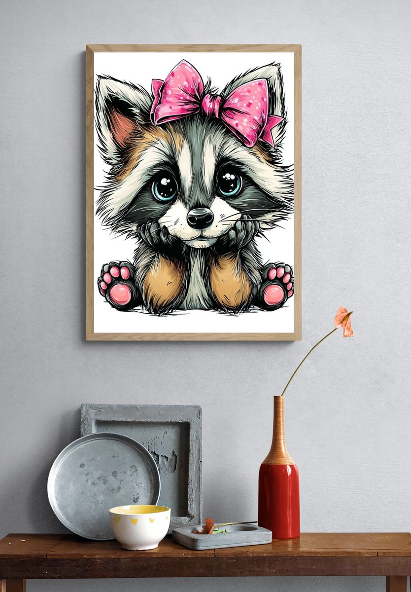 Cute Raccoon Bow Illustration Poster. — room view 3