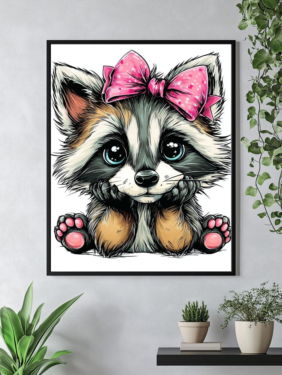 Cute Raccoon Bow Illustration Poster. — room view 4