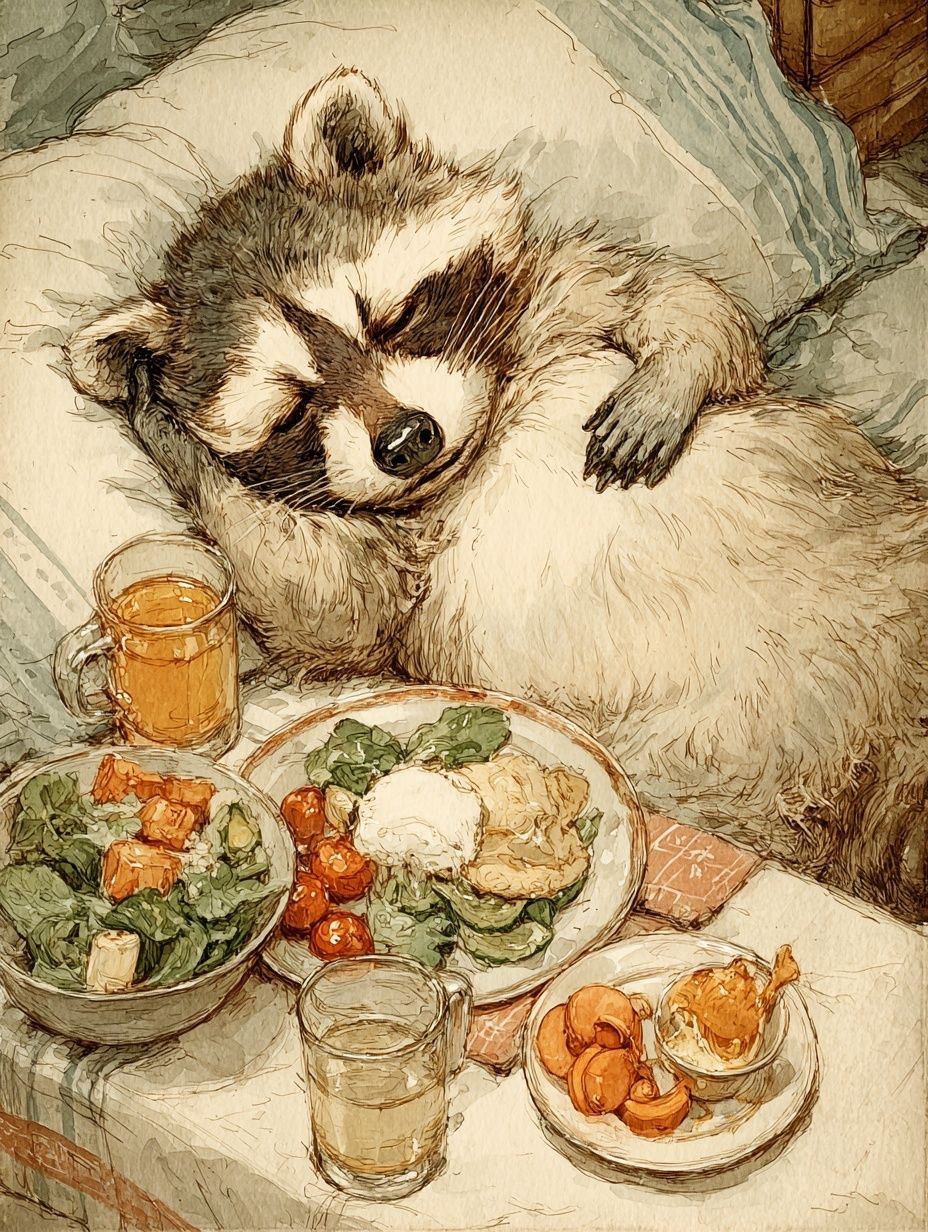 Sleeping Raccoon with Breakfast — Illustration Print. poster detail