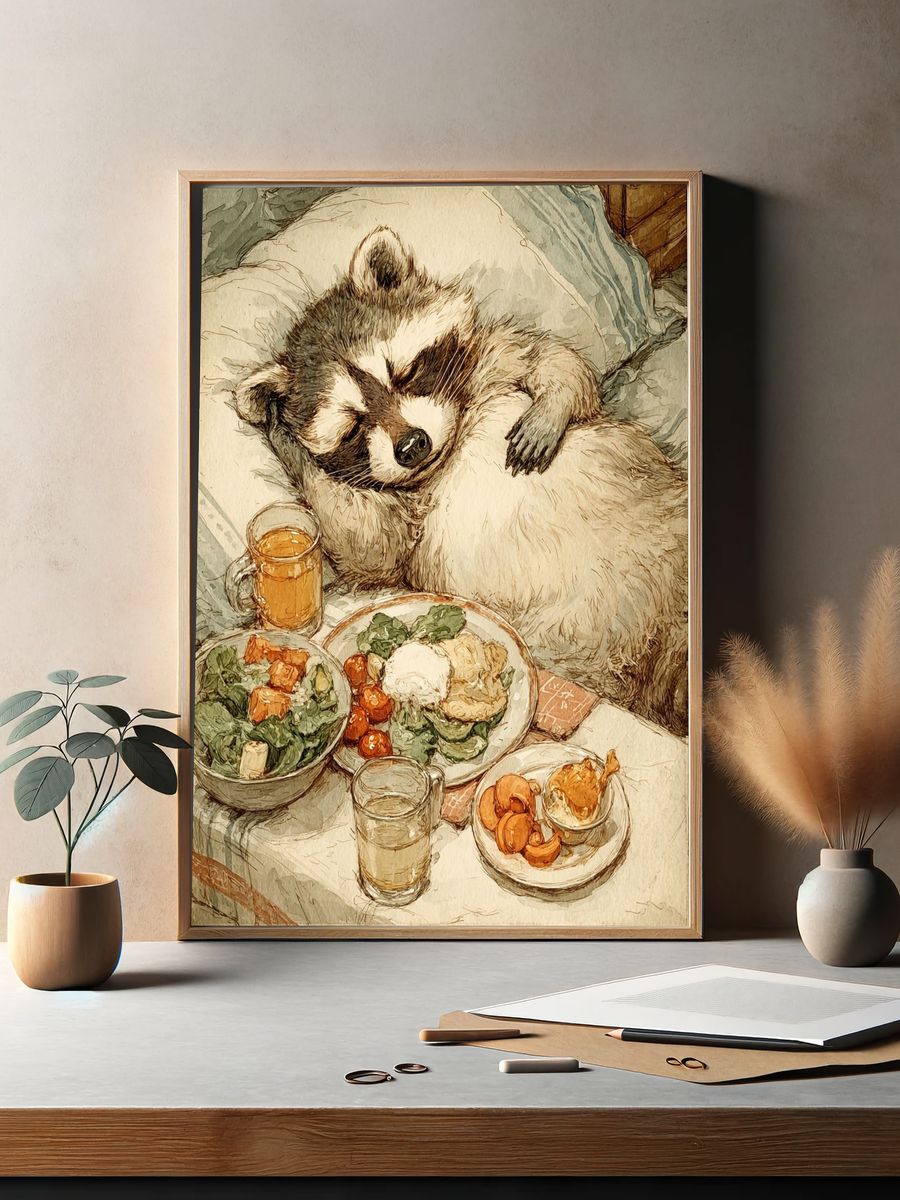 Sleeping Raccoon with Breakfast — Illustration Print. — room view 2