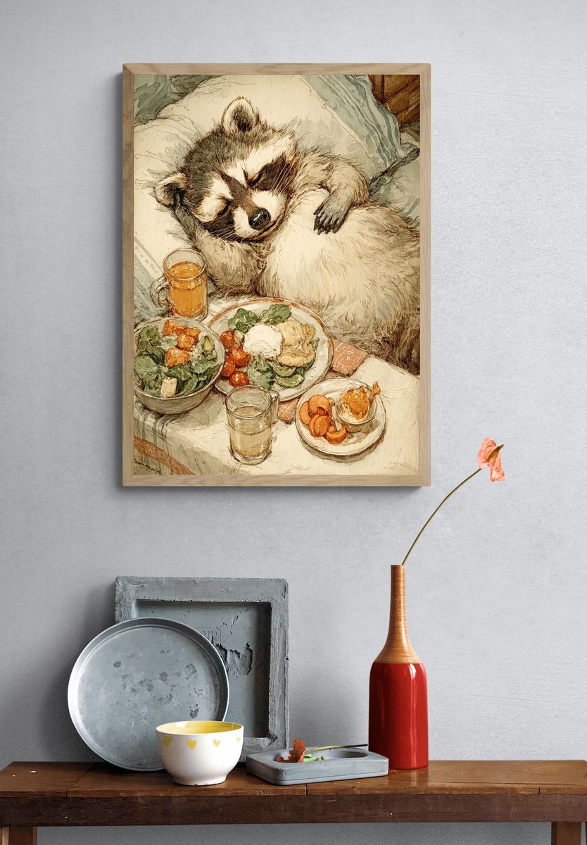 Sleeping Raccoon with Breakfast — Illustration Print. — room view 3