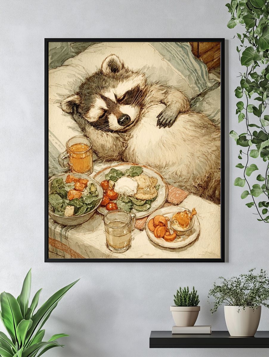 Sleeping Raccoon with Breakfast — Illustration Print. — room view 4