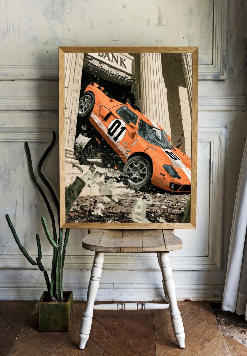 Orange Rally Car Crash Poster. room preview
