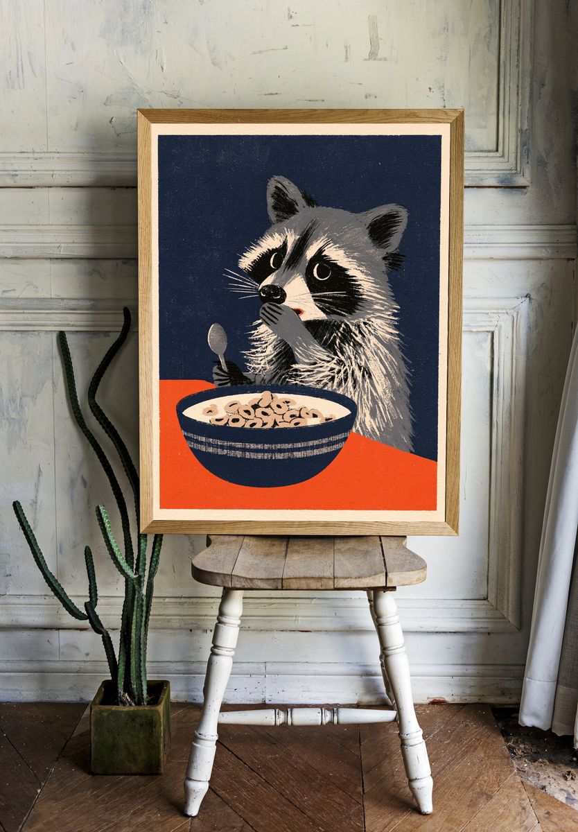 Raccoon Cereal Illustration Poster. — room view 1
