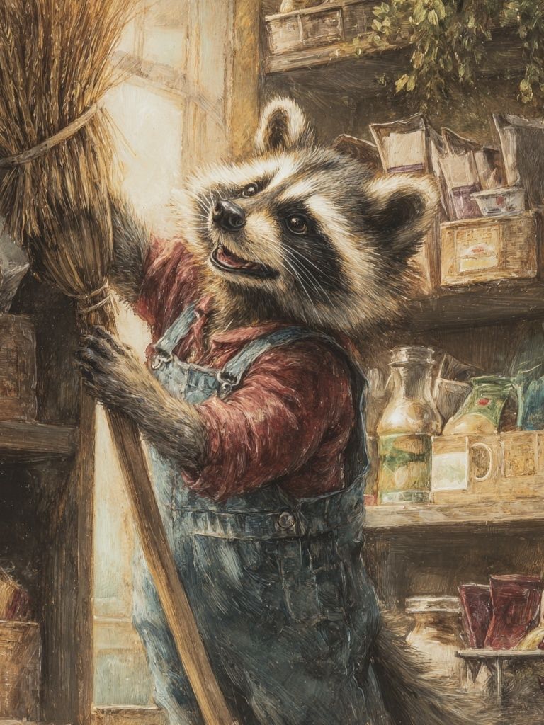 Raccoon Shopkeeper Illustration Poster. poster detail