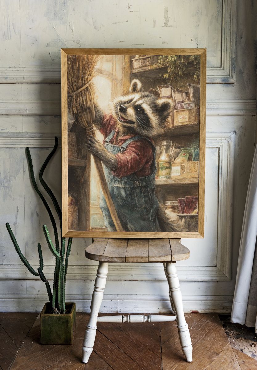 Raccoon Shopkeeper Illustration Poster. — room view 1