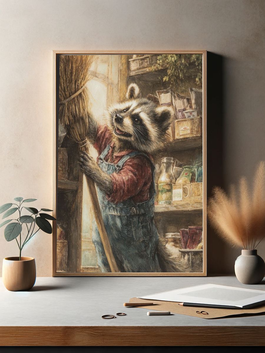 Raccoon Shopkeeper Illustration Poster. — room view 2