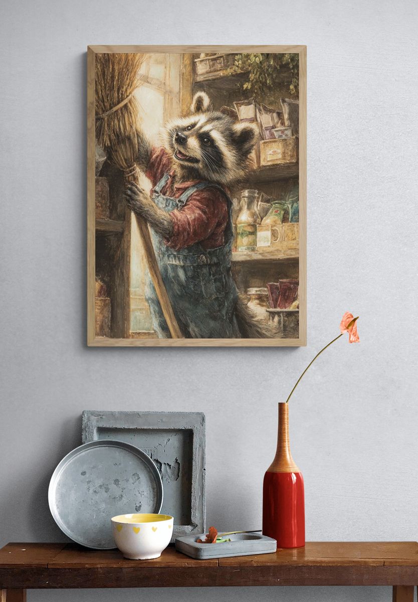 Raccoon Shopkeeper Illustration Poster. — room view 3