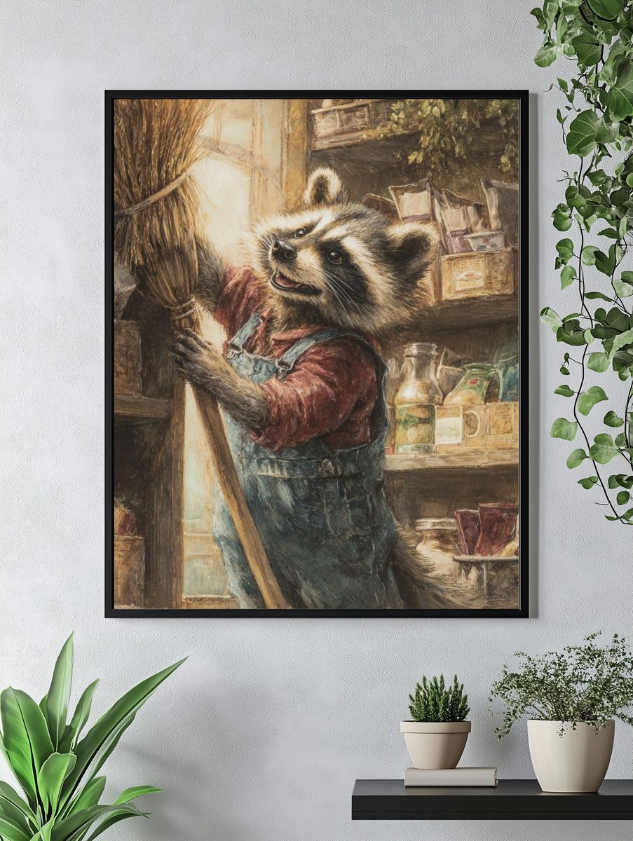 Raccoon Shopkeeper Illustration Poster. — room view 4