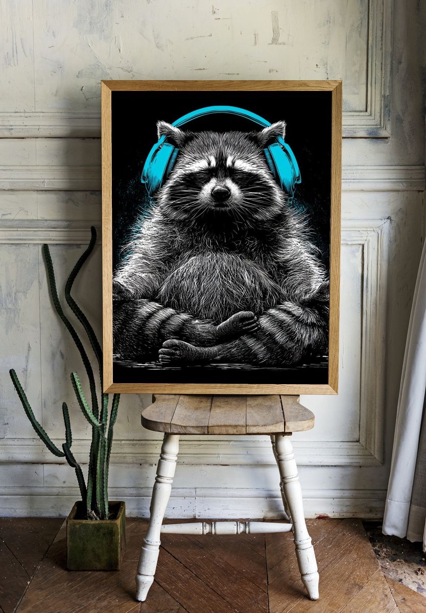 Meditating Raccoon Illustration Poster. room preview