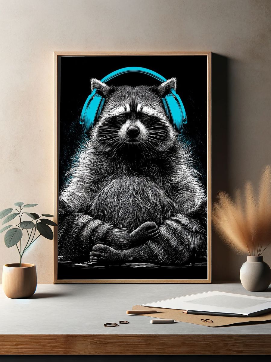 Meditating Raccoon Illustration Poster. — room view 2