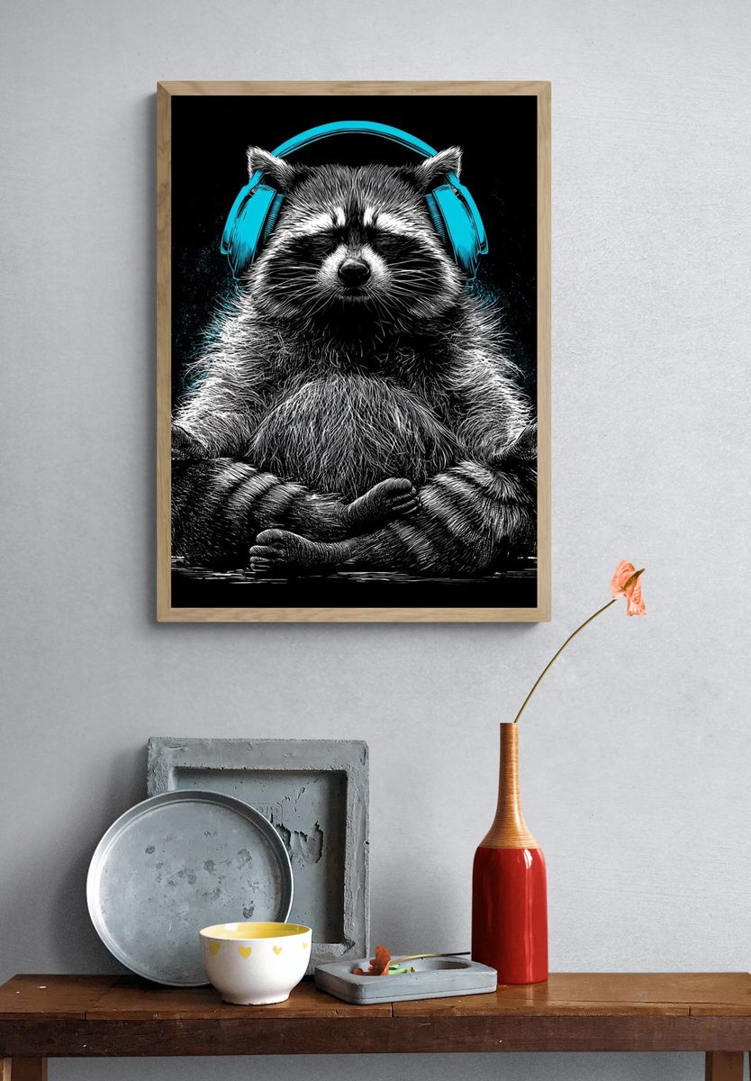 Meditating Raccoon Illustration Poster. — room view 3