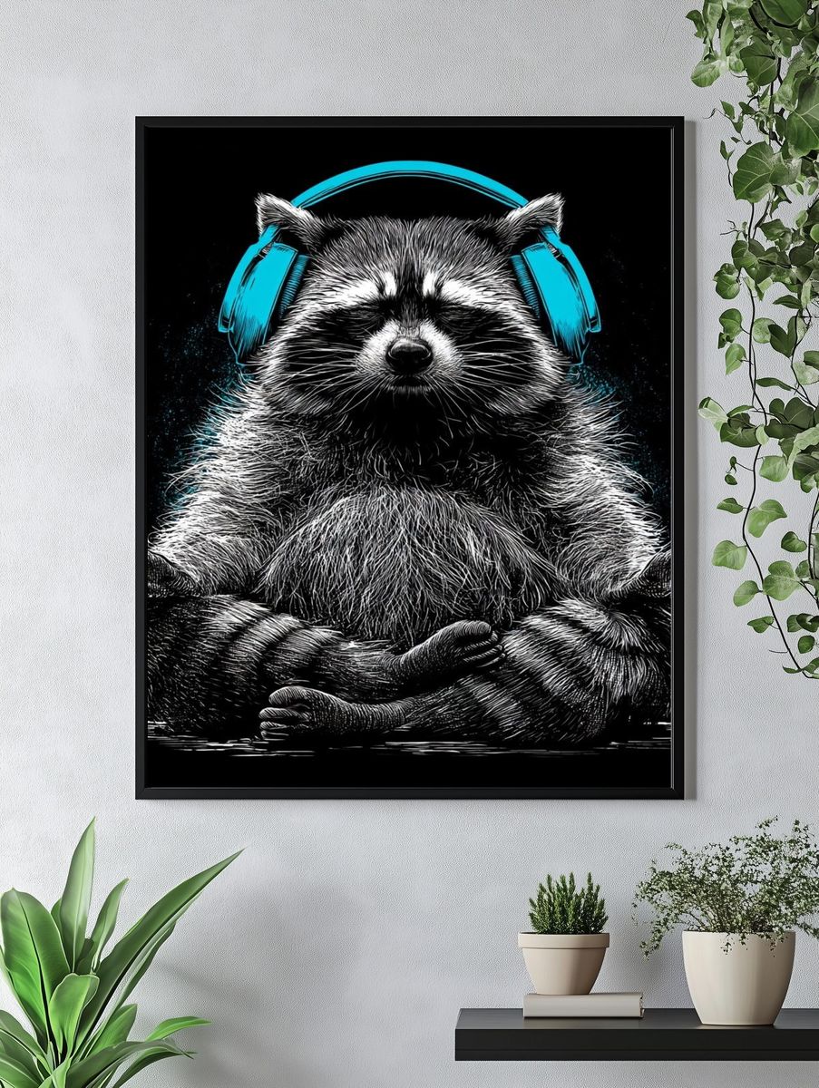 Meditating Raccoon Illustration Poster. — room view 4