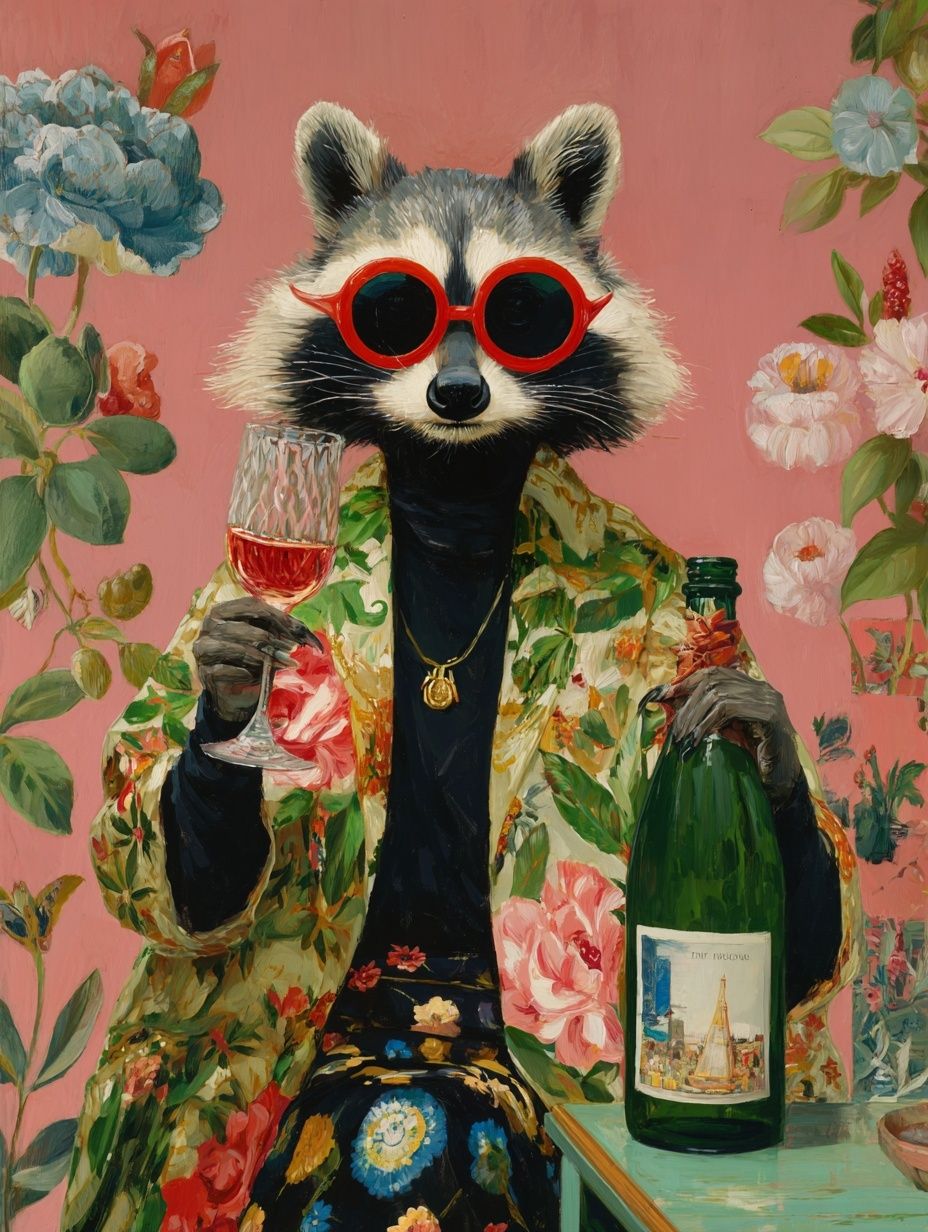 Stylish Raccoon with Champagne — Illustration Print. poster — illustration art
