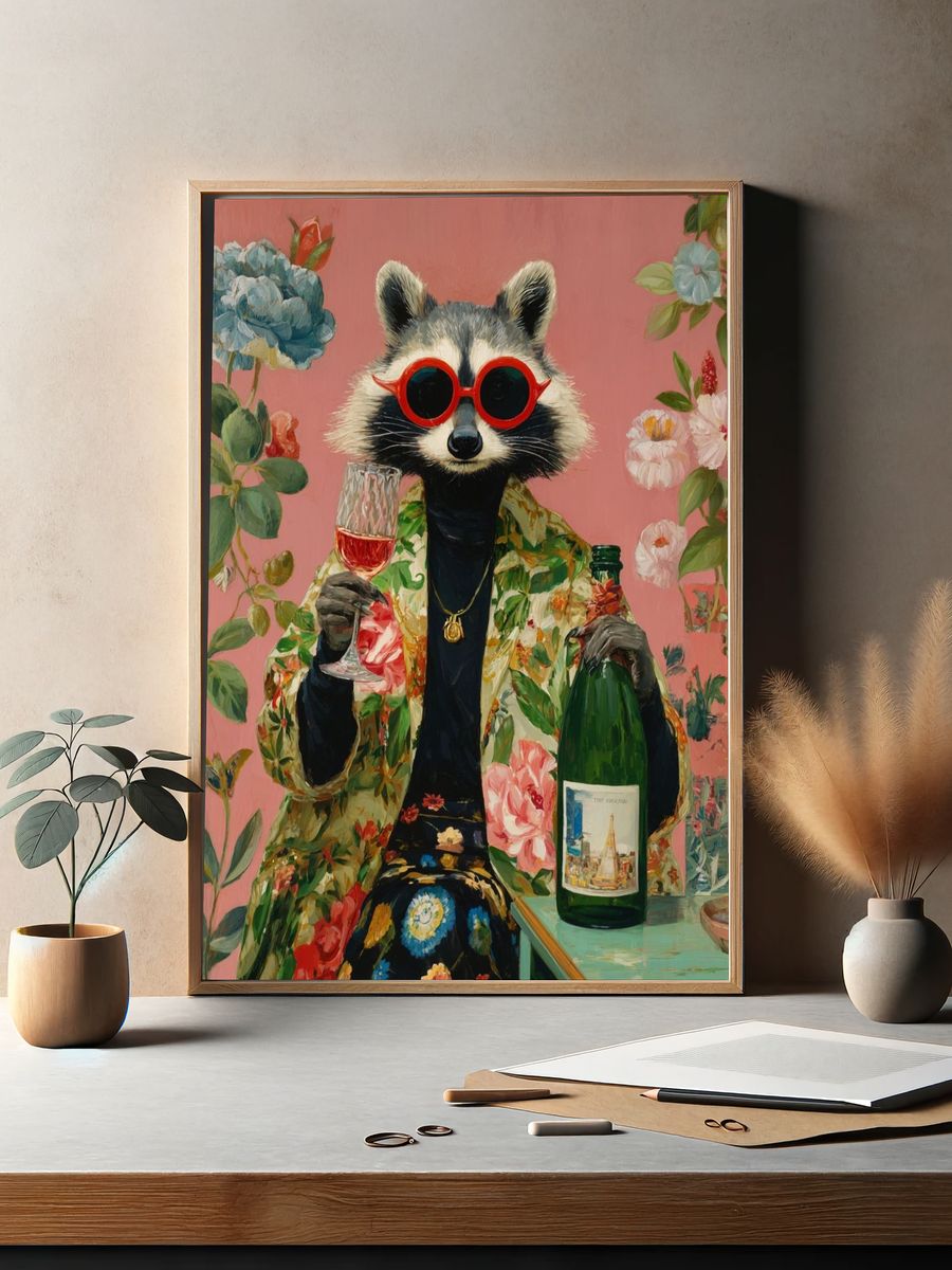 Stylish Raccoon with Champagne — Illustration Print. — room view 2