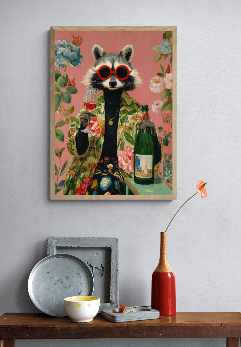 Stylish Raccoon with Champagne — Illustration Print. — room view 3