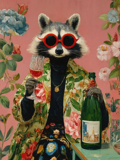Stylish Raccoon with Champagne — Illustration Print. poster print